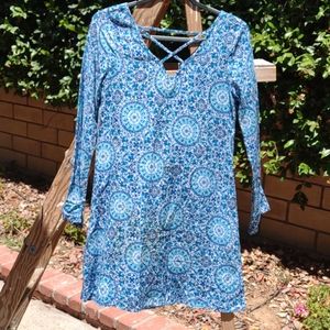 V-Neck Front&Back Long Flare Sleeve A-Line Dress XS